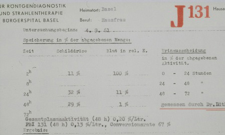 Auszug aus der nuklearmedizinischen Krankengeschichte aus dem Jahre 1961 &uuml;ber die Jodaufnahme (Jod-131) einer Patientin bei Hyperthyreose-Abkl&auml;rung